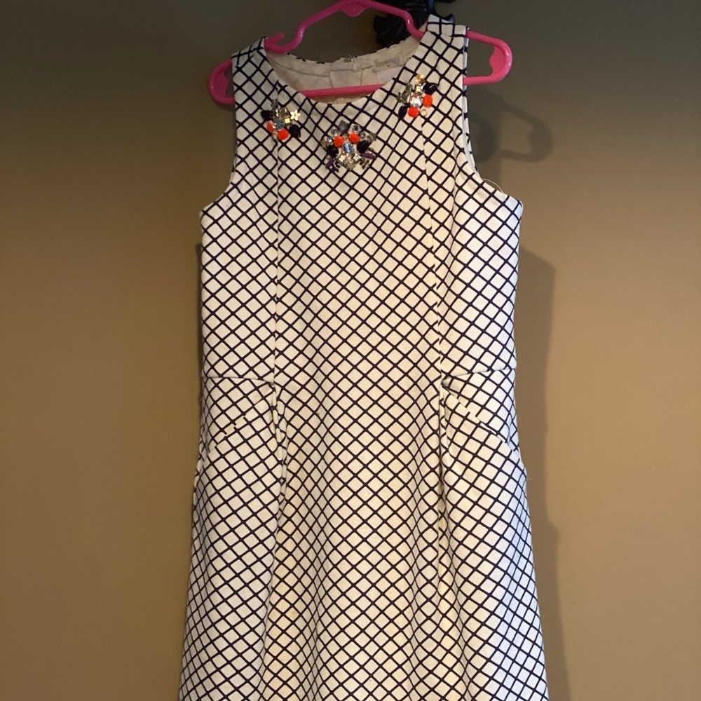 Gorgeous cream dress/dark navy lines w/jewels